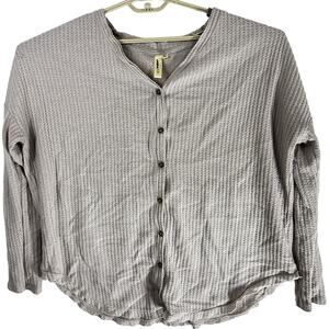 Lara Fashion Waffle Knit Top Womens XL Light Pink Button Up V Neck Long Sleeve